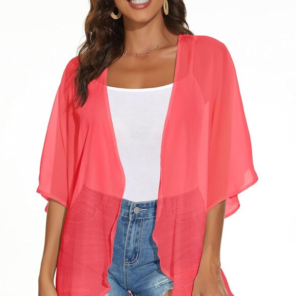 Womens Kimono Cardigans Beach Cover ups Swimwear Puff Sleeve Loose Casual Summer - Picture 5 of 6